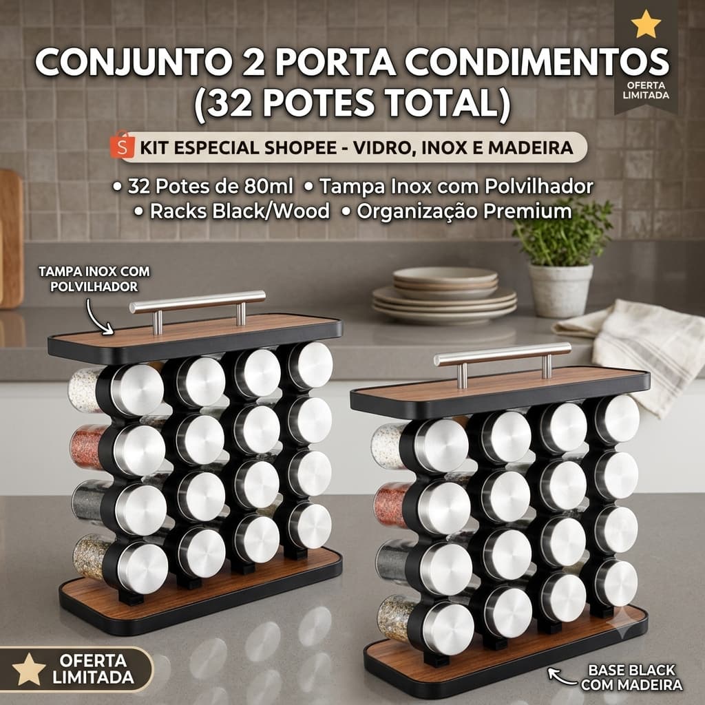 Kit com 32  Potes de Condimentos Vidro 80ml com Tampa Inox Porta Temperos Organizador Cozinha
