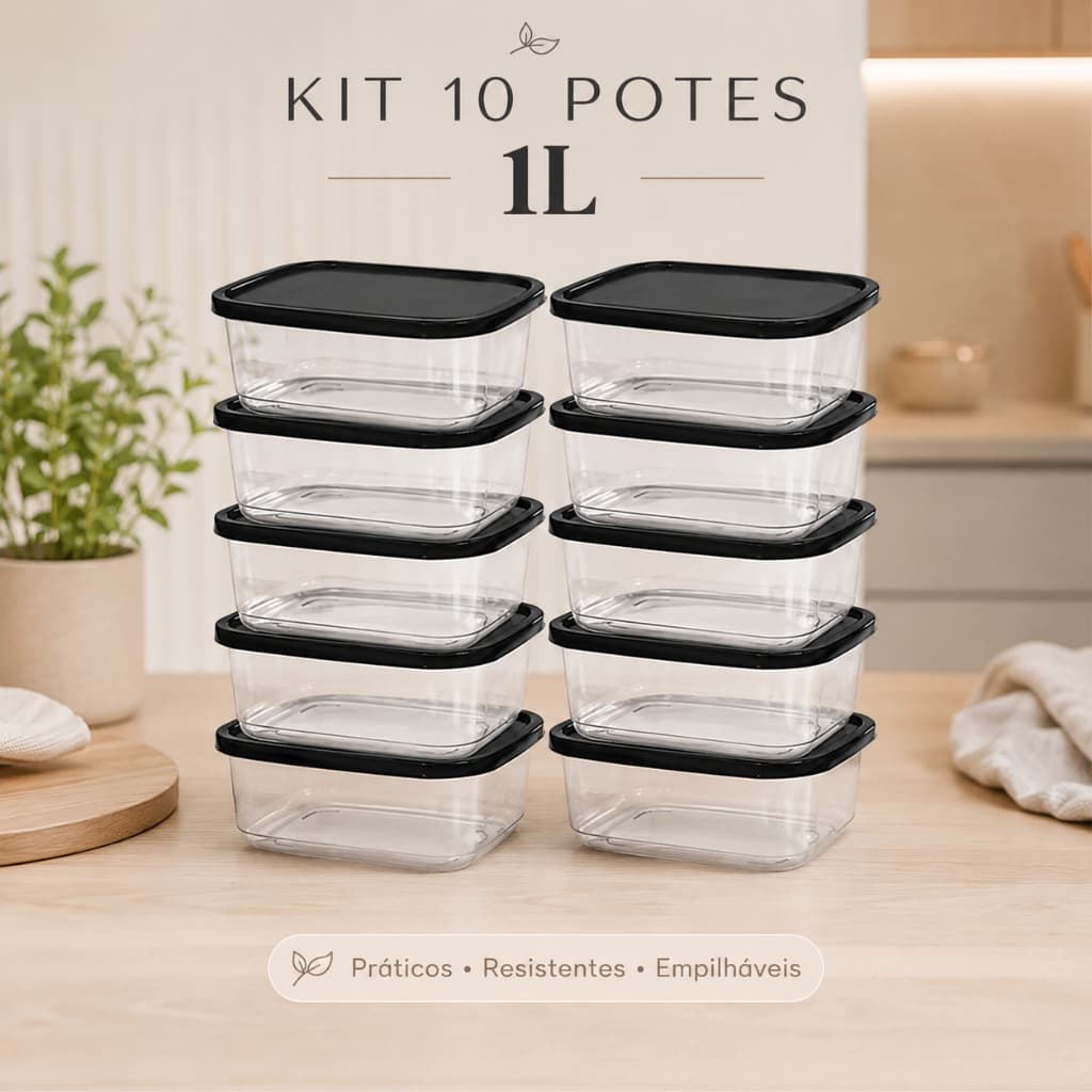 Jogo 10 Potes 1L Transparente Marmita Fitness Organizador Microondas Freezer BPA Free