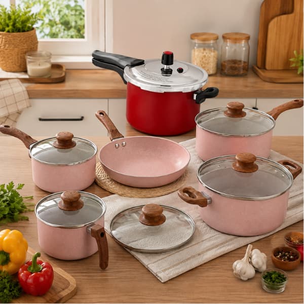 Kit Panelas Cerâmica 6 Peças + Panela de Pressão 4,5L Antiaderente Cereja
