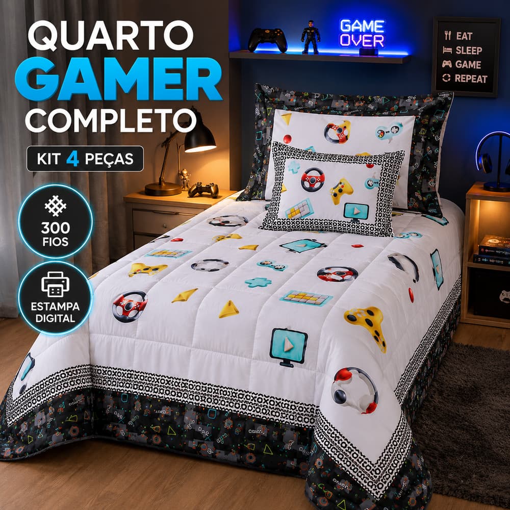 Kit Edredom Solteiro Gamer Infantil 4 Peças 300 Fios Estampa Digital Macio Boy