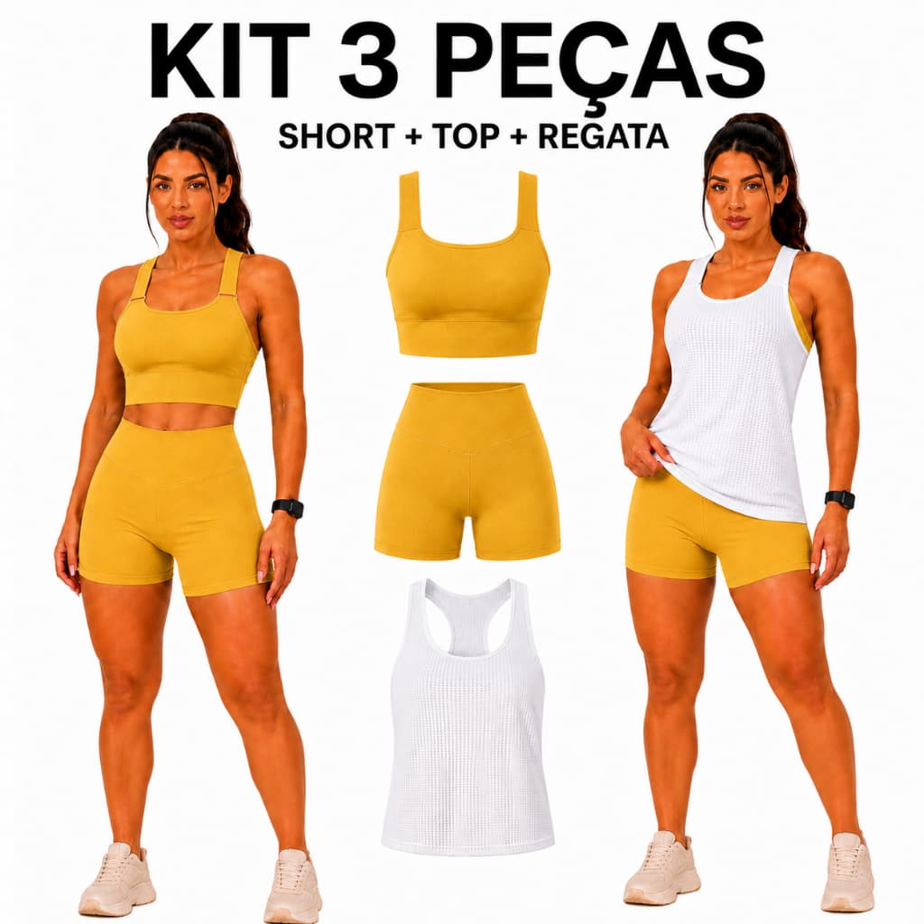 KIT 3 Conjuntos Feminino Esportivo 3 Peças Short Top Regata Para Academia Corrida E Caminhada