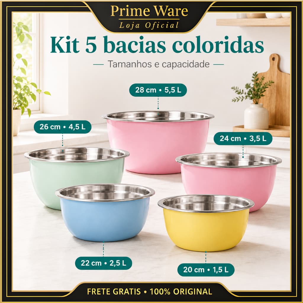 Kit 5 Conjunto Bowl Inox Tigelas Tamanho 20-28cm Bacia Resistente Antiaderente Multiuso