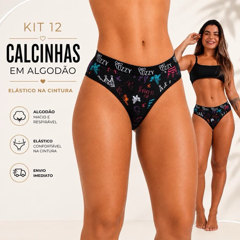 Kit 12 calcinha de algodão cotton tanga conforto cós largo feminina