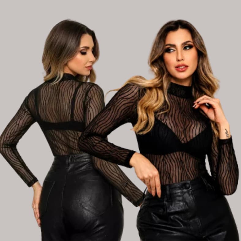 Body Feminino Tule Premium Texturizado Transparente Manga Comprida Show Elegante