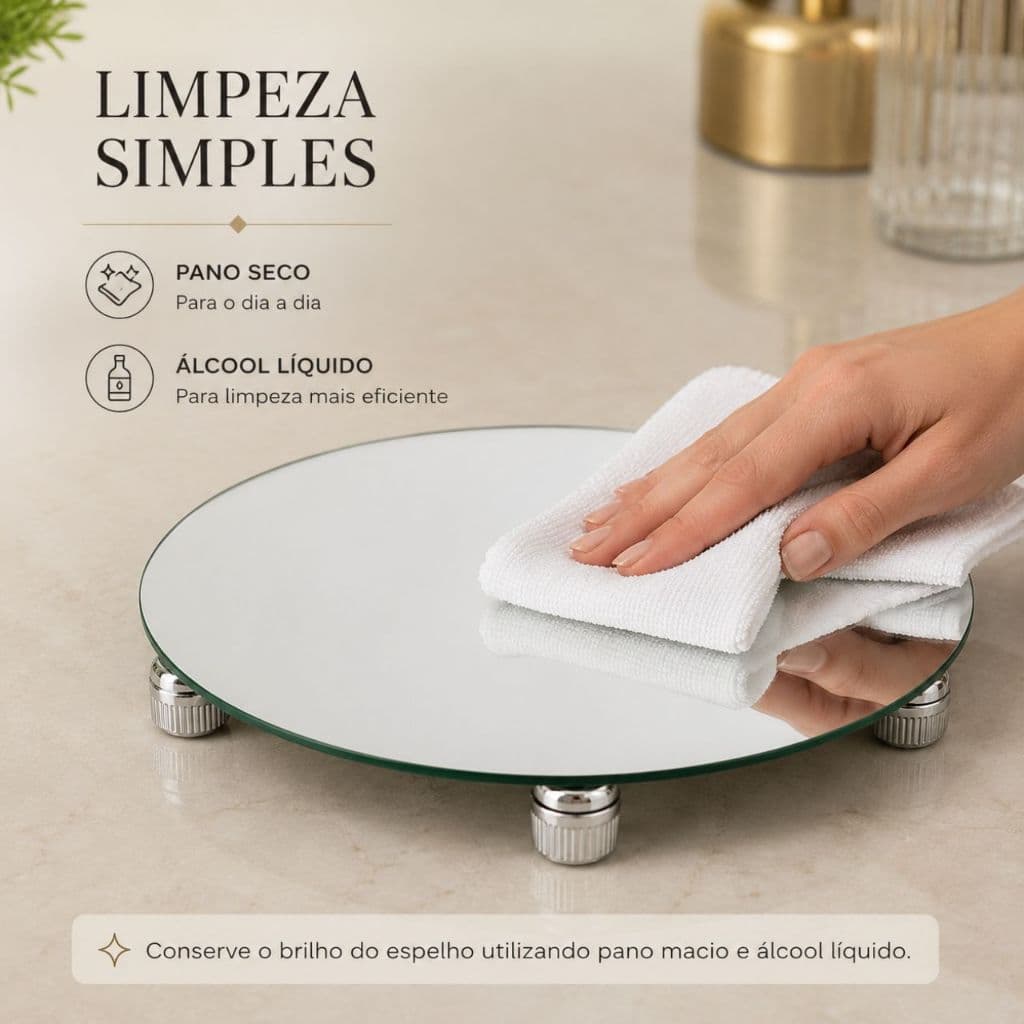 Bandeja Espelhada 20cm Redonda para Decoração | Vidro Lapidado com Pés Cromados