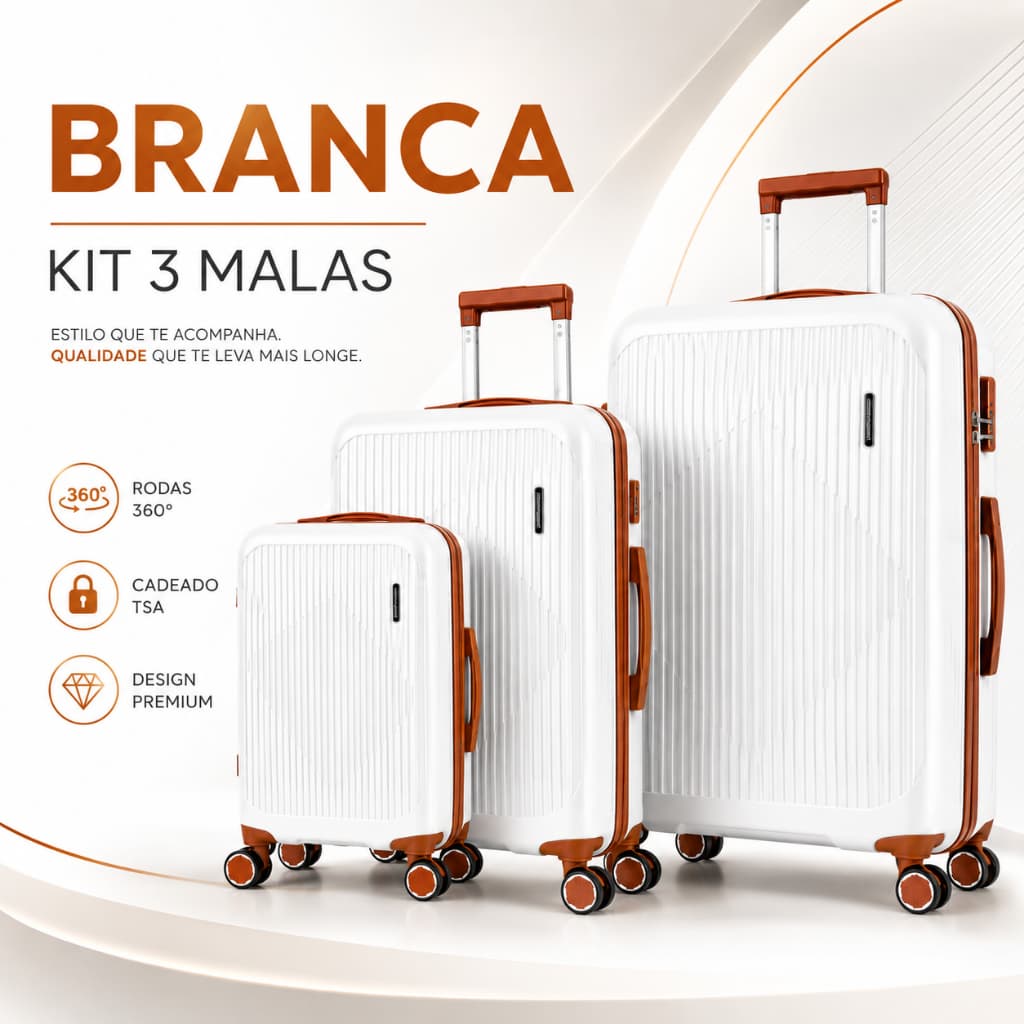 Kit 3 Malas Viagem P M G | PP Rígida Rodas 360° Cadeado Segurança Alta Resistência