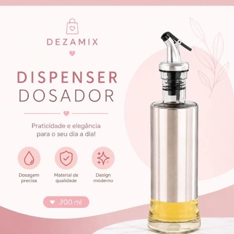Dispenser Dosador 300ml para Azeite, Vinagre e Molhos em Vidro com Inox