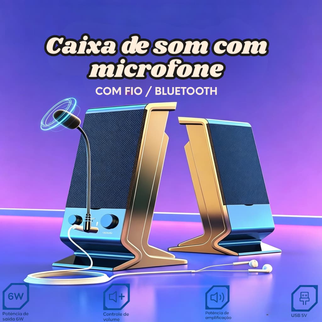 Caixa de Som Bluetooth Para PC Computador Notebook USB AUX P2 6W Potente Estéreo