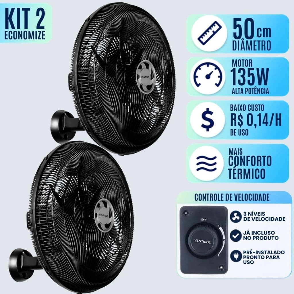 Kit 2 Ventilador 50cm Ventisol De Parede 6 Pás 127 / 220v Fácil Instalação Para Escolas Igrejas