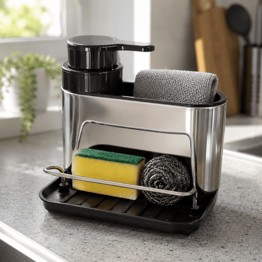 Porta Detergente Multiuso com Suporte de Esponja Dispenser de Detergente Em Aço Inox