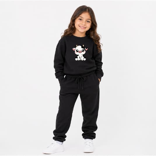 Conjunto Moletom Agasalho Duas Peças Calça e Capuz Infantil Estampa Vaquinha Mimosa Fofa Colorida