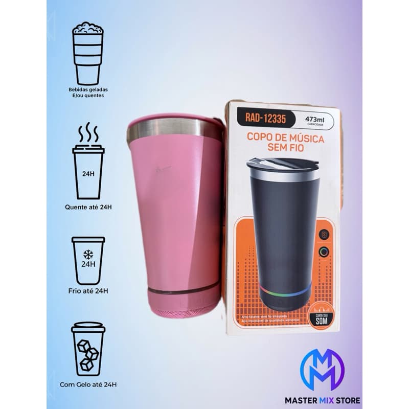 Copo Térmico de Música com Alto Falante Sem Fio - 473ml - Bluetooth - Aço Inox - RAD-12335 - Tampa com Abridor