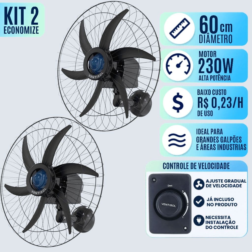 Kit 2 Ventiladores De Parede 60cm Ventisol Motor blindado Para Industrias Oscilante Econômico