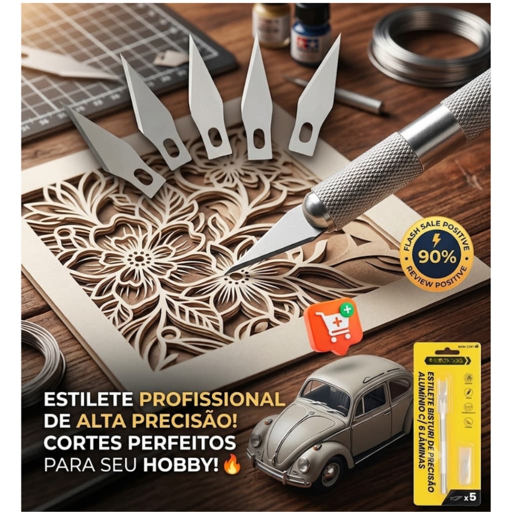 Estilete Bisturi De Precisão Profissional + 6 Lâminas Artesanato Maquete Plastimodelismo Envelopamento