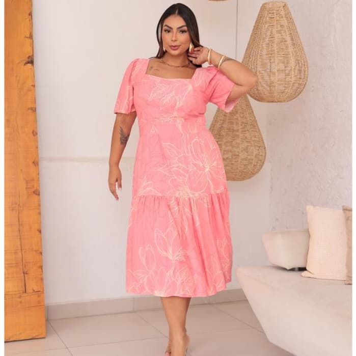 Vestido Midi Plus Size  Feminino Elegante Casual em Viscosarja Manga Curta Bufante 2 Maria Decote Cuadrada