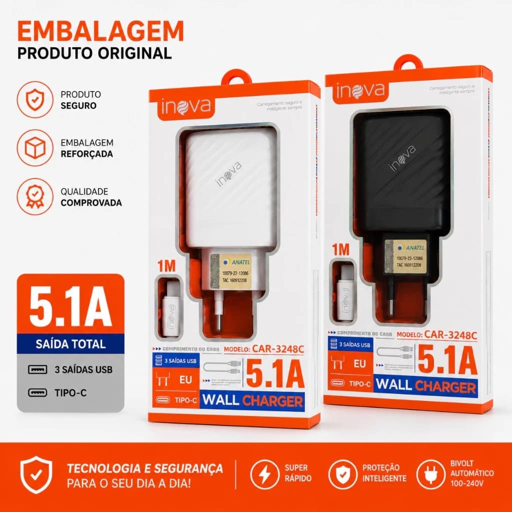 Carregador Turbo Tipo C 5.1A Inova Carregador Rápido Celular Cabo 1 Metro Bivolt