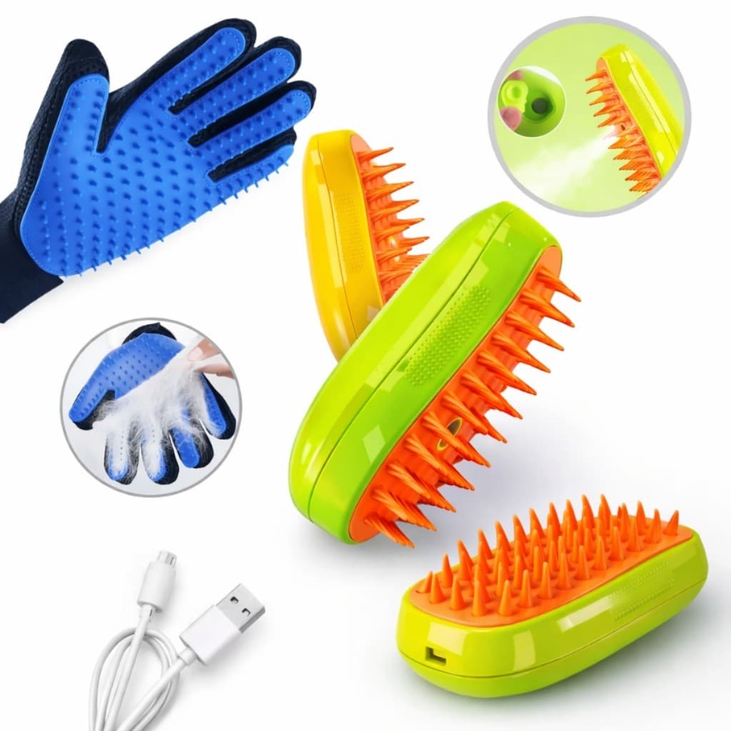 Kit Luva Tira Pelos Magnética + Escova Elétrica a Vapor para Pets