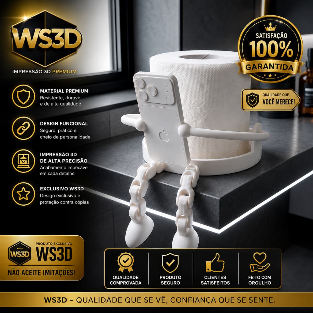 Suporte Porta Papel Higiênico Boneco com Porta Celular Impressão 3D em PLA Organizador p Banheiro