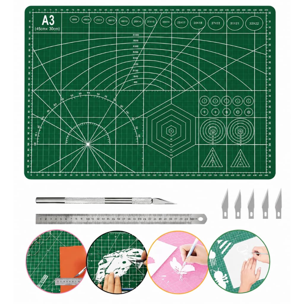 Kit Base de Corte A3 45x30cm com Estilete de Precisão, Régua de Aço e 5 Lâminas para Artesanato e Patchwork