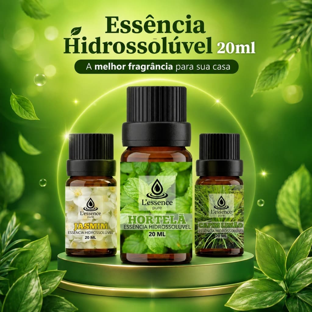 Kit com 3 & 1 Essências Hidrossolúveis Capim LImão, Hortelã e Jasmim Para Umidificador e Difusor | 20Ml