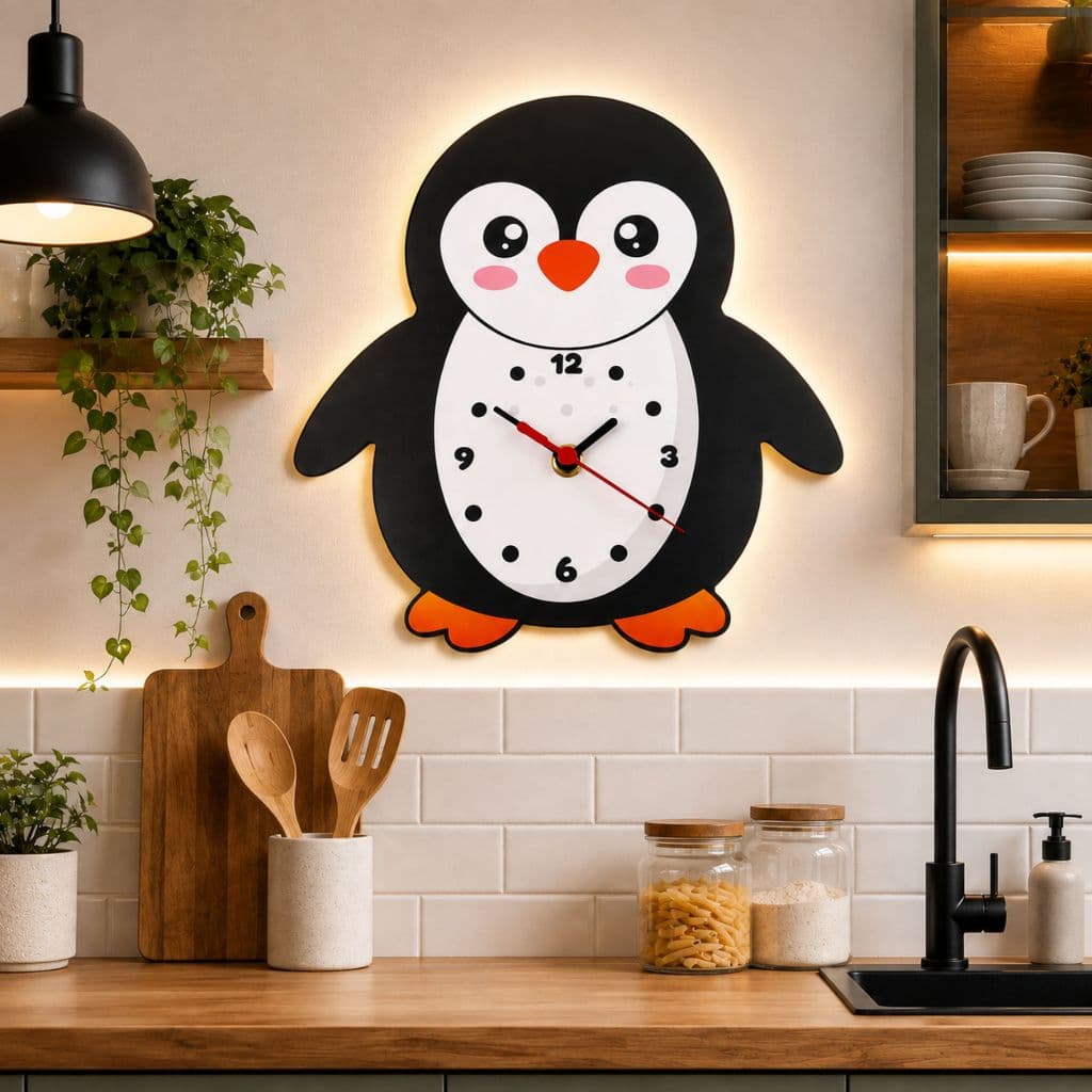 Relógio de Parede Pinguim Em Mdf Preto Para Cozinha Decorativo