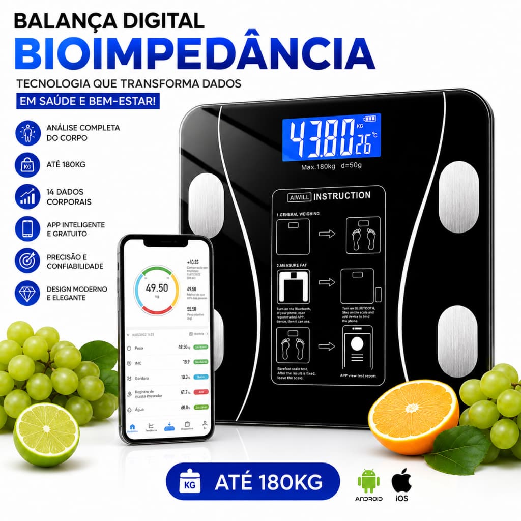 Balança Premium Digital Medidora Corporal Bioimpedância até 180kg
