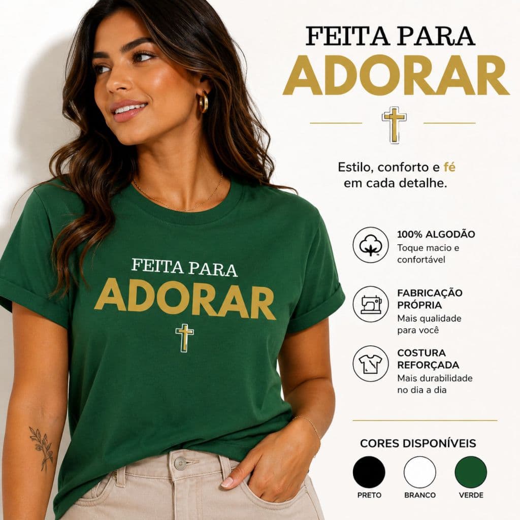 Camiseta Camisa Feita Para Adorar Moda Evangélica Feminina Gospel Algodão 100% T-shirt Cristã