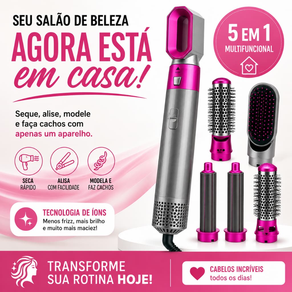 Escova Secadora 5 em 1 Multifuncional 110V Modeladora Alisadora Secador Cabelos com 5 Acessórios Rosa Prata
