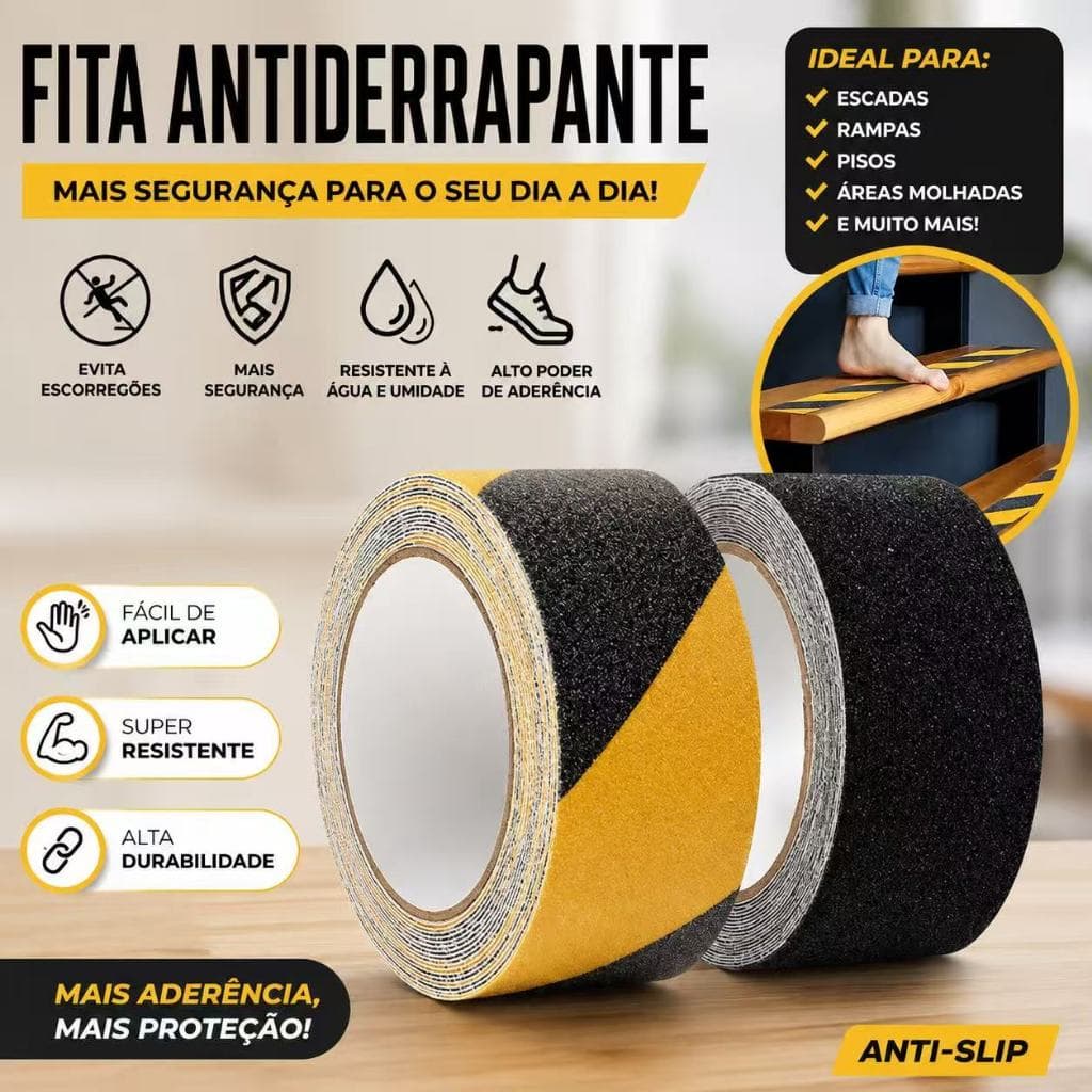 Fita Antiderrapante Zebrada Adesiva 5M Prevenção Contra Acidentes em Pisos Escadas Rampas Escorregadias