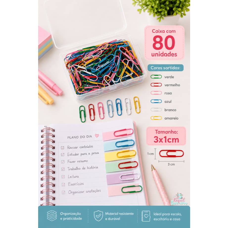 Clips Coloridos 3x1cm Caixa com 80 Unidades para Planner Agenda Escritório Papelaria