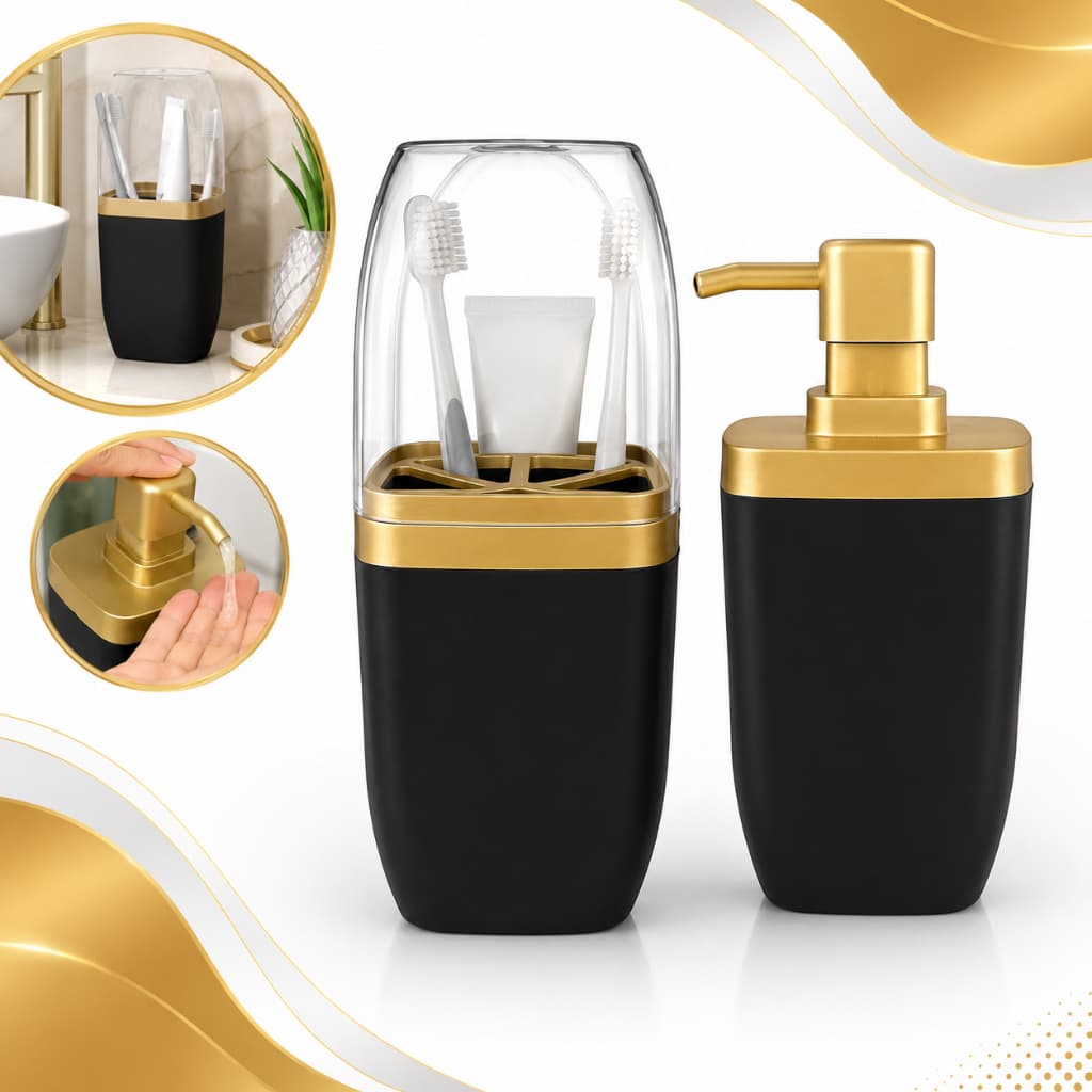 Kit Banheiro Lavabo 2 Peças Premium Luxo Moderno Dispenser Sabonete Liquido Porta Escova De Dentes