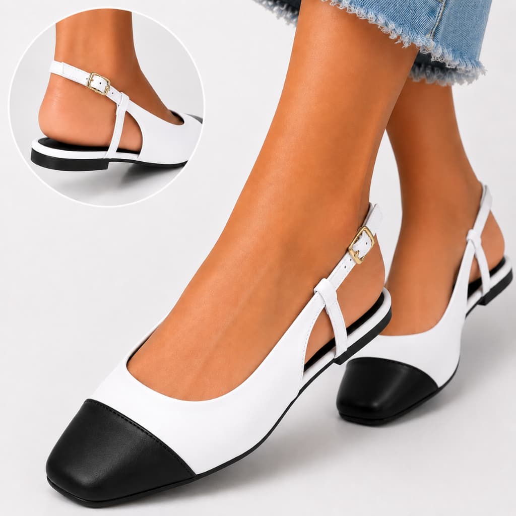Sapatilha Slingback Feminina Bico Quadrado Preto e Branco Confortável Elegante