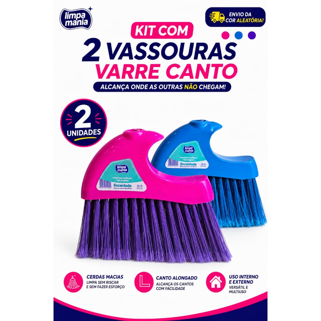 Kit com 2 Vassouras Limpa Mania Varre Canto Cerdas Médias Sem Cabo Uso Interno e Externo
