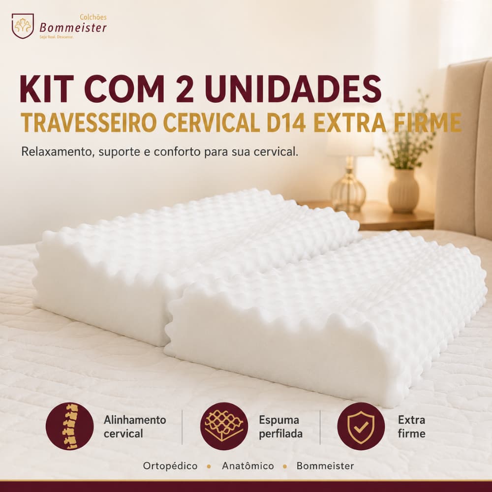 Kit com 2 Travesseiro Cervical Ortopédico D14 Extra Firme Bommeister