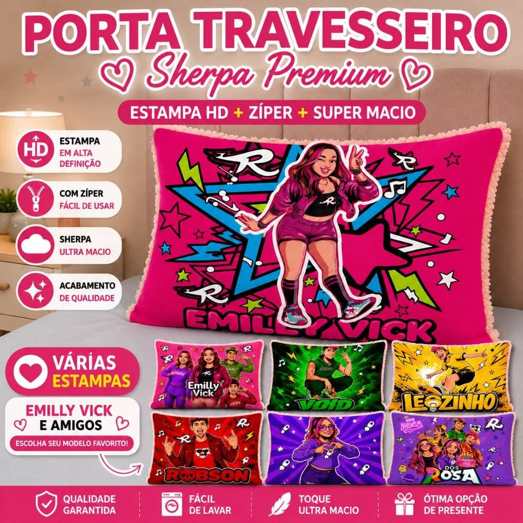 Porta Travesseiro Emilly Vick e Amigos 70x50 Sherpa com Zíper Estampa HD Capa