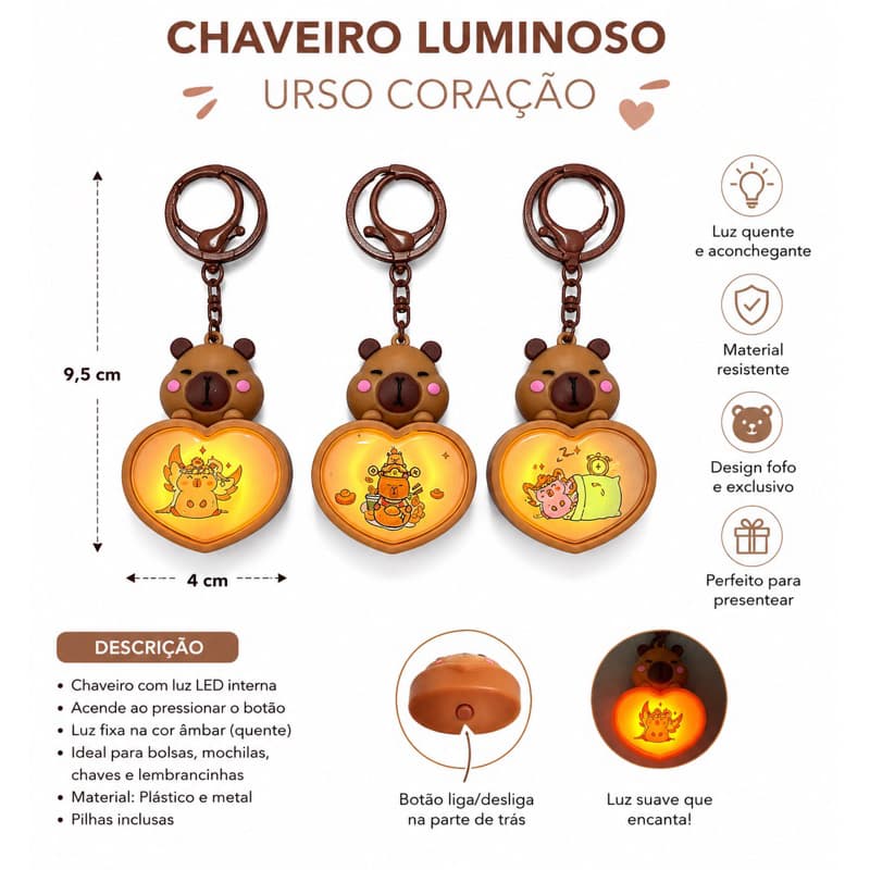 Chaveiro Capivara Led Coração  , Pingente Fofo em Forma de Coração ,kit com 3 chaveiros