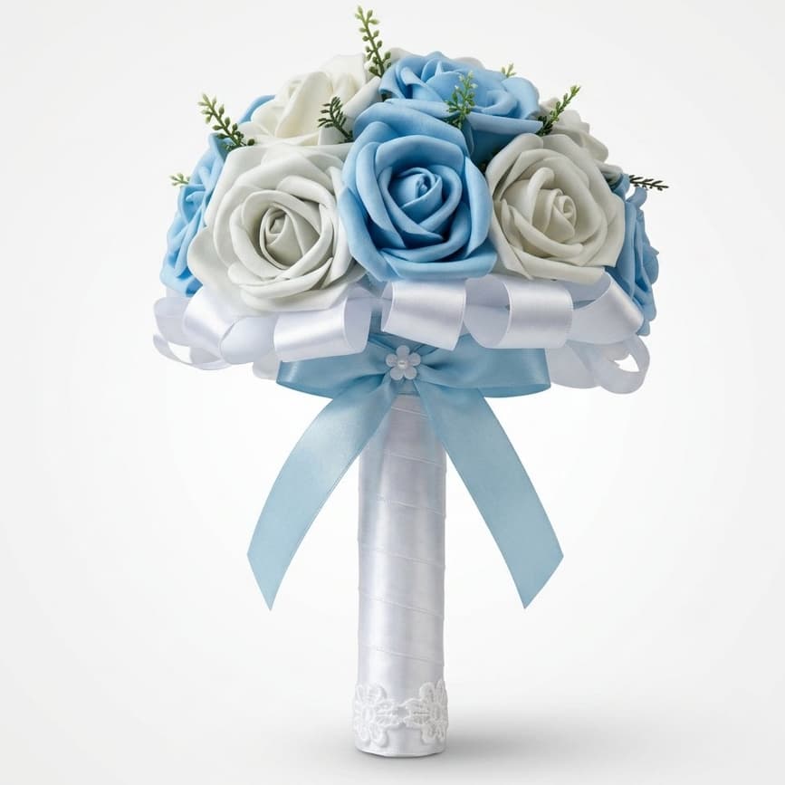 Buquê de Noiva Rosas Azul Serenity Médio em EVA Premium Luxo Artesanal Casamento Madrinha Debutante Fotos