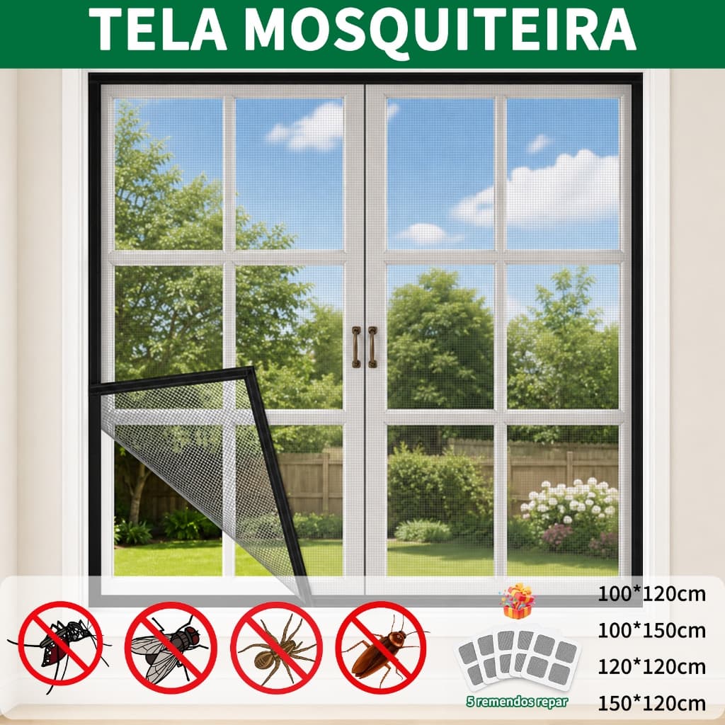 Tela Mosquiteiro para Janela com Velcro Anti-Insetos Fibra de Vidro Resistente e Lavável + 5 Remendos para Reparo