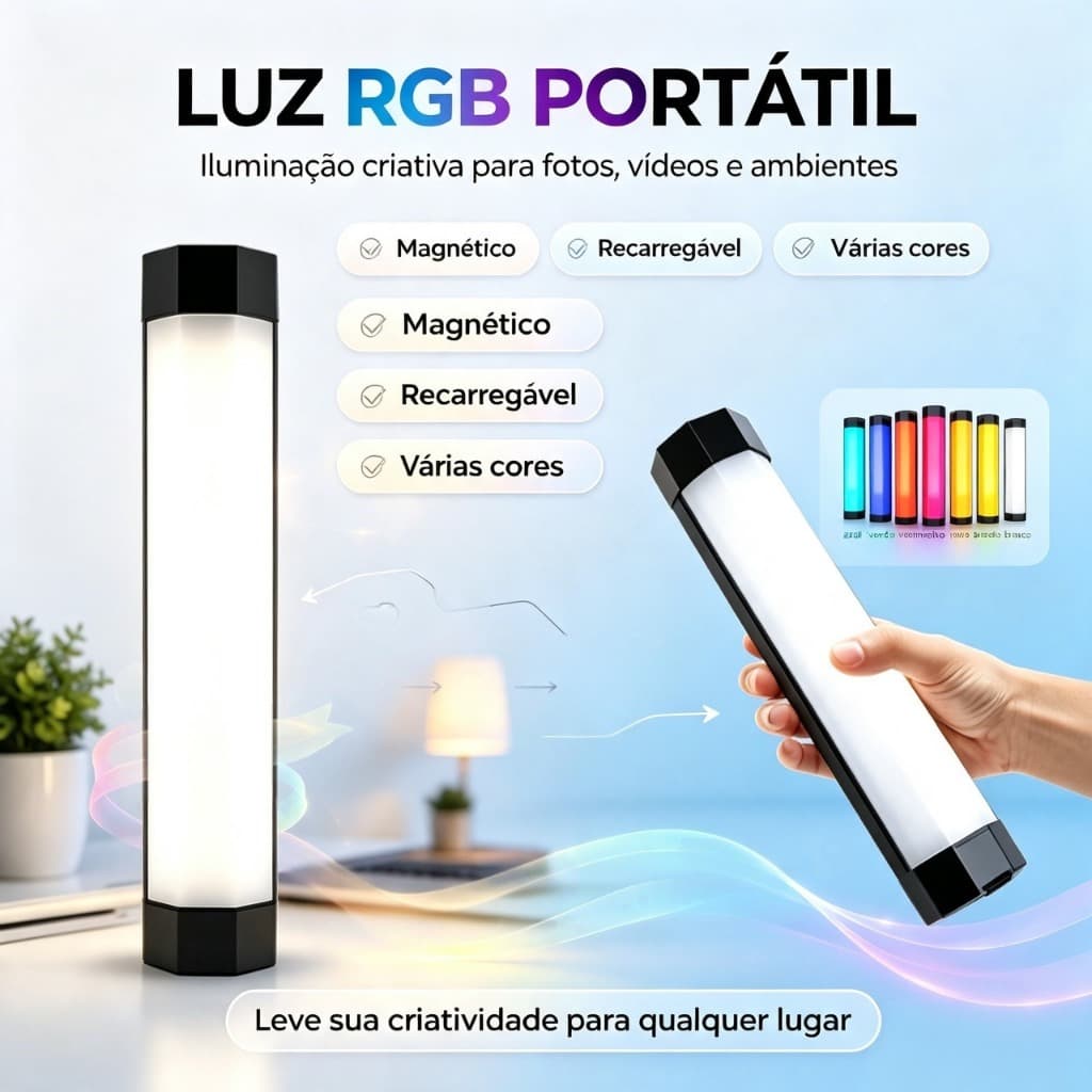 Luz de Preenchimento LED Portátil RGB – Magnética, 60 LEDs, 7500K, Recarregável USB-C, para Live e Selfie S2