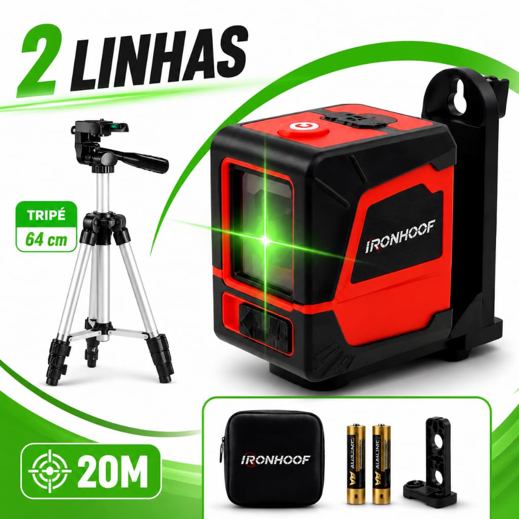 Nível a Laser Com Tripé Verde Profissional 2 Linhas Autonivelante Alcance 20m