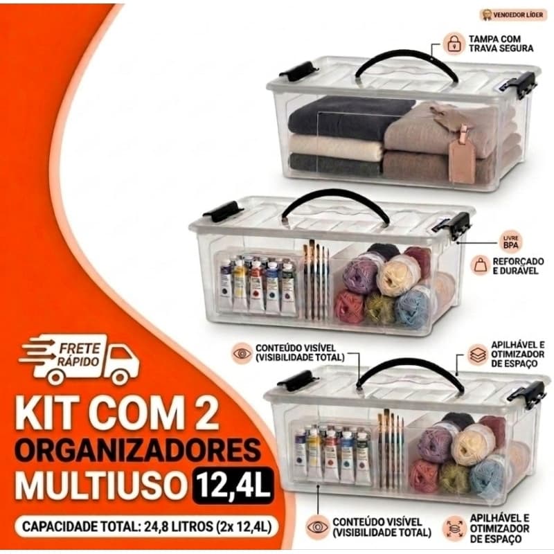 Kit 2 X Caixas Container Transparente 12,4 Litros Organizador Plástico Resistente Acrílico Roupa Livro Brinquedo Maleta