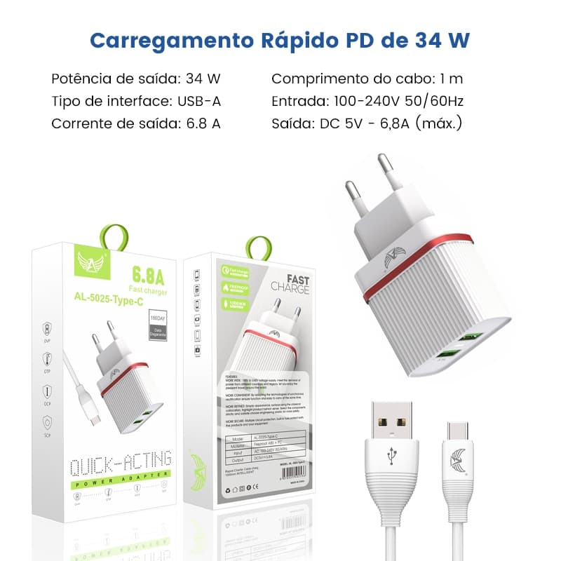 Carregador para iPhone 34W PD Carregamento Rápido 2 Entradas USB