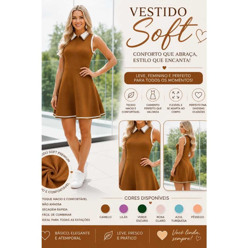 Vestido Sotf Feminino Gola Polo Sem Manga Rodado Casual Elegante Confortável ✨ Renove seu guarda-roupa com o Vestido Sof