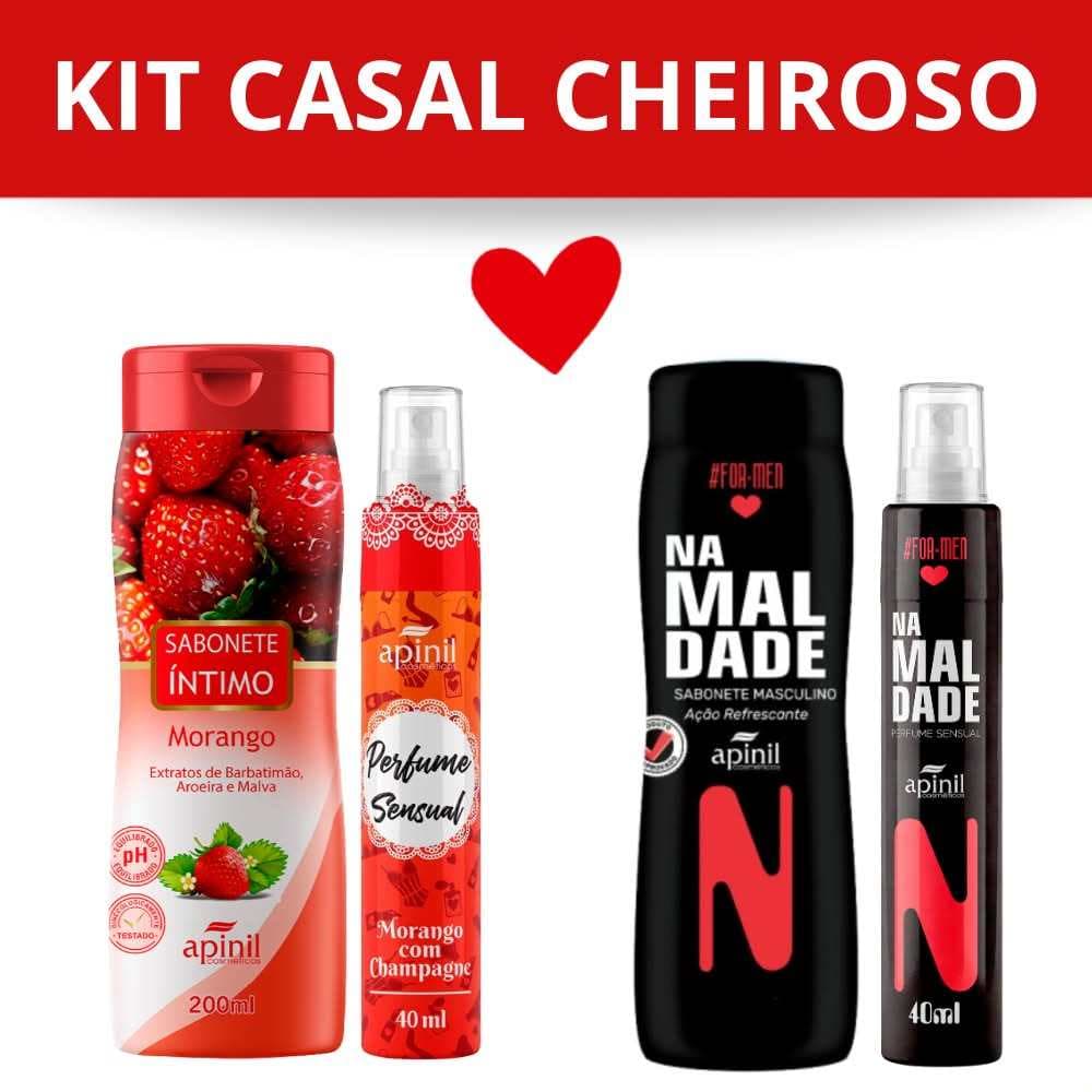 Kit 4 Casal Apinil Morango e Na Maldade: Sabonete Íntimo + Perfume Morango + Sabonete Masc + Perfume Na Maldade
