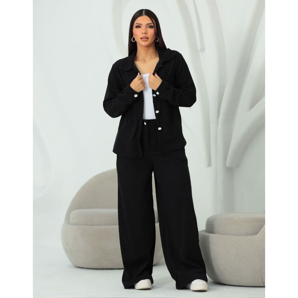 Conjunto Veludo Feminino Casaco Calça Moderno Frio Camisa Botão Bolsos  Gola Conjunto de Frio