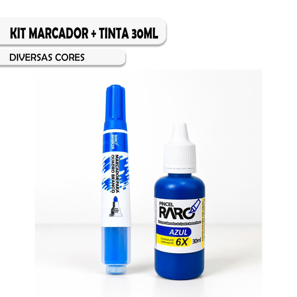 Kit Marcador Quadro Branco Raro Marker + Tinta 30ml - Rende 6 Recargas - Escrita Macia