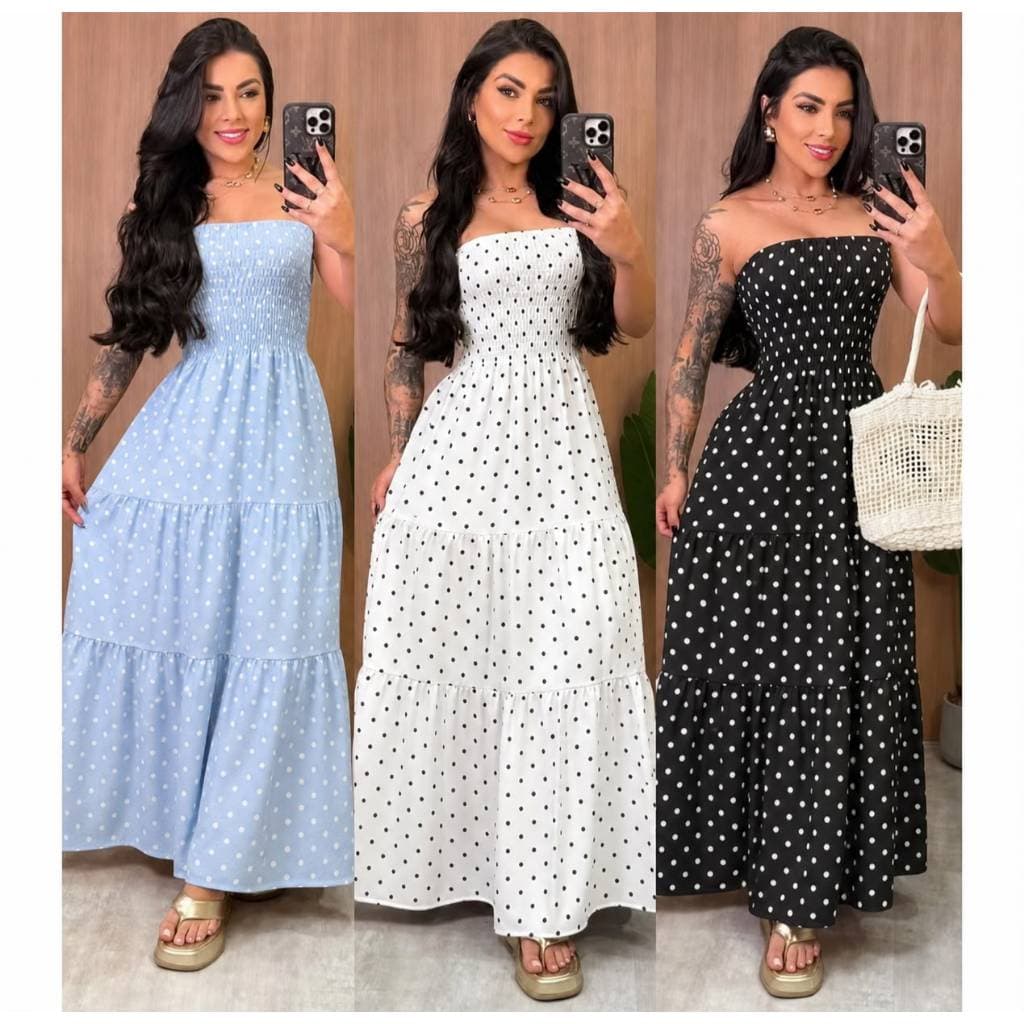 Vestido Feminino Longo Tomara Que Caia Poa Bolinha Soltinho Elegante