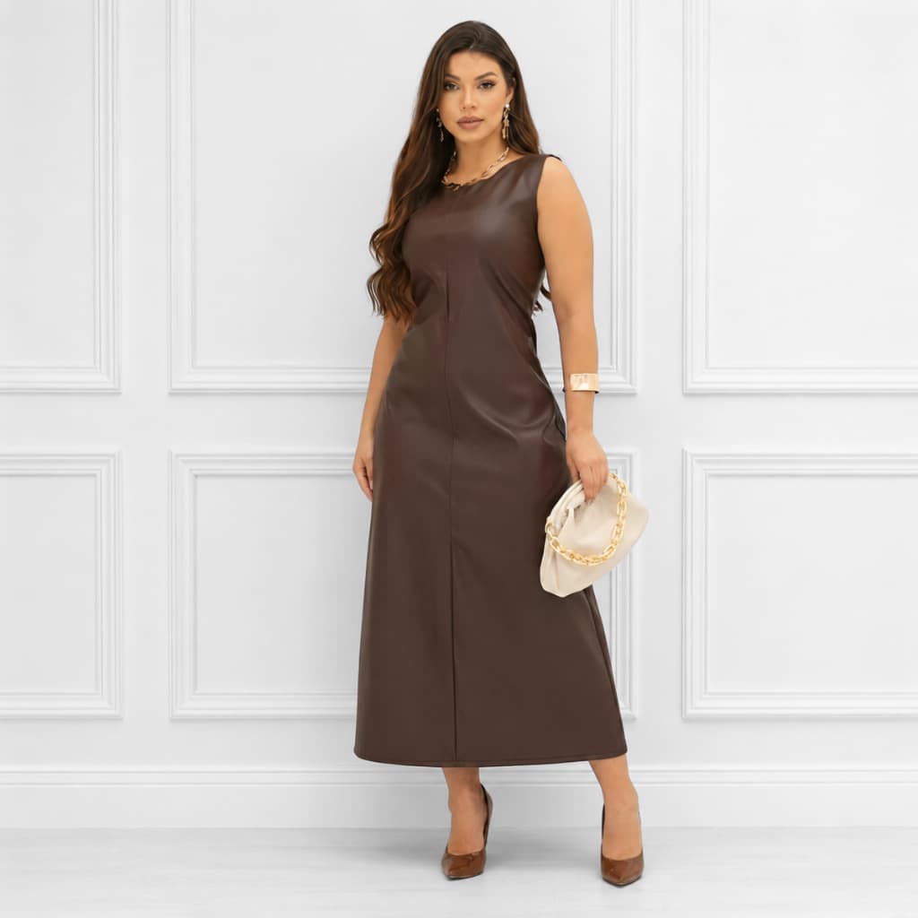 Vestido Feminino Longuete Couro Regata Solto Moda Elegante