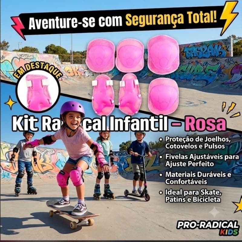Kit Proteção Infantil Rosa Joelheira Cotoveleira Munhequeira Skate Patins Bicicleta