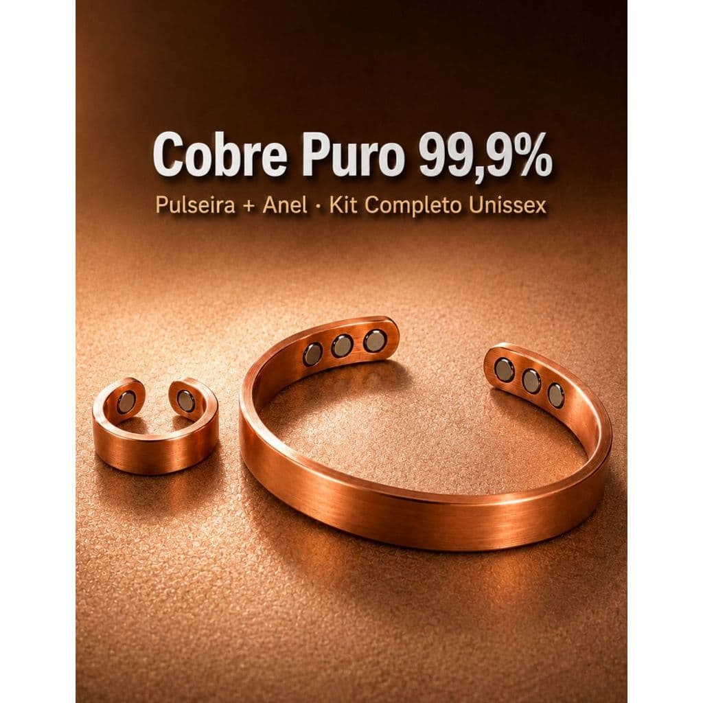 Pulseira e Anel Cobre Puro Bracelete Magnético Unissex Ajustável com Certificado